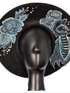 Gothic Aquarius Sun Hat - Hand Painted Water Dragon Black & Blue (Size Large)
